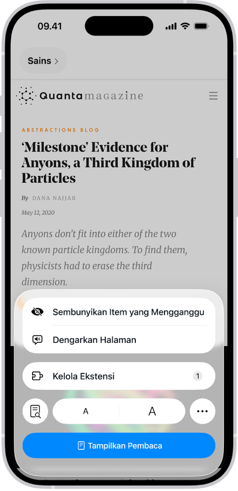 Situs web yang dibuka di Safari, dengan bidang alamat yang menunjukkan bahwa Pembaca tersedia untuk situs web tersebut.