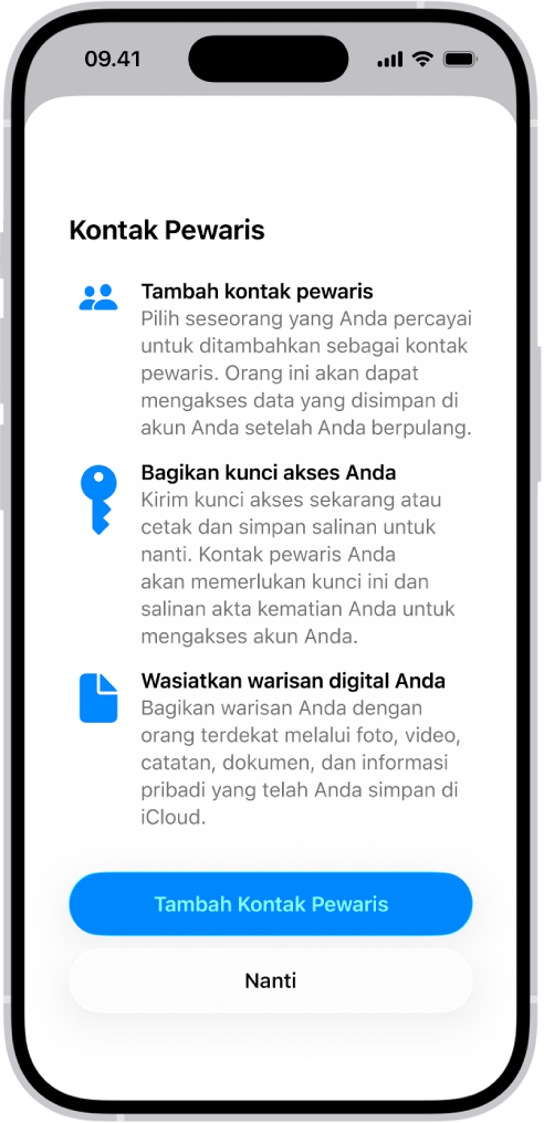 Layar Tambah Kontak Pemulihan menampilkan kontak yang disarankan untuk dipilih sebagai kontak pemulihan, dan pilihan untuk memilih orang lain.