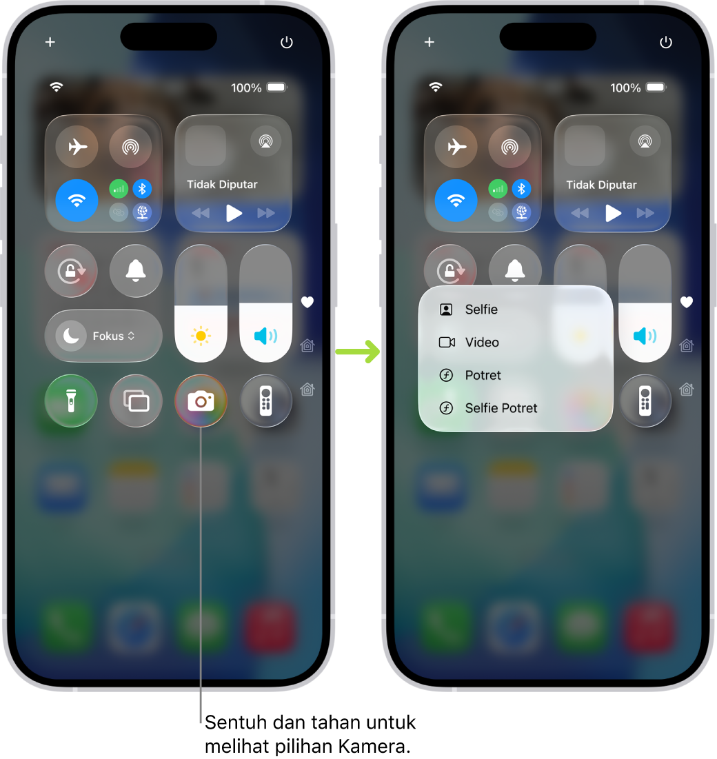 Dua layar Pusat Kontrol bersebelahan—layar di sebelah kiri menampilkan kontrol untuk Mode Pesawat, data seluler, Wi-Fi, dan Bluetooth di grup kiri atas. Ikon Kamera ditampilkan di kanan bawah. Layar di sebelah kanan menampilkan pilihan lainnya di menu Tindakan Cepat untuk Kamera: Selfie, Video, Potret, dan Selfie Potret.