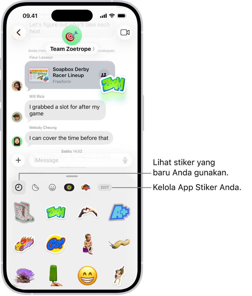 Stiker muncul di bawah percakapan. Setiap tombol di sepanjang bagian atas kartu membuka paket stiker.