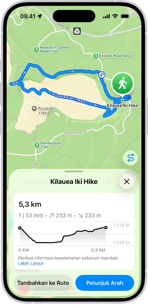 Tinjauan pendakian yang dapat diunduh, dengan jarak, profil elevasi, estimasi waktu, dan pilihan untuk menyimpan atau mendapatkan petunjuk arah ke awal pendakian.