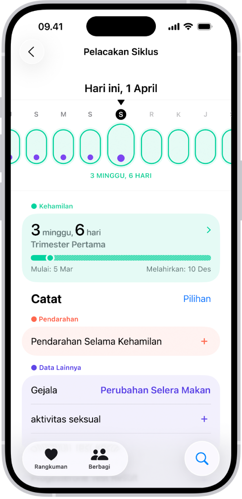 Layar Pelacakan Siklus dengan garis waktu kehamilan untuk seminggu di bagian atas layar. Oval hijau muda dan titik ungu menandakan 5 hari pertama di garis waktu. Oval hijau muda putus-putus menandakan hari lainnya di garis waktu. Di bawah garis waktu terdapat rangkuman kehamilan yang menampilkan umur kehamilan, tanggal mulai, dan estimasi tanggal melahirkan. Di bawah rangkuman kehamilan waktu terdapat pilihan untuk menambahkan informasi mengenai pendarahan selama kehamilan, gejala, dan lainnya.