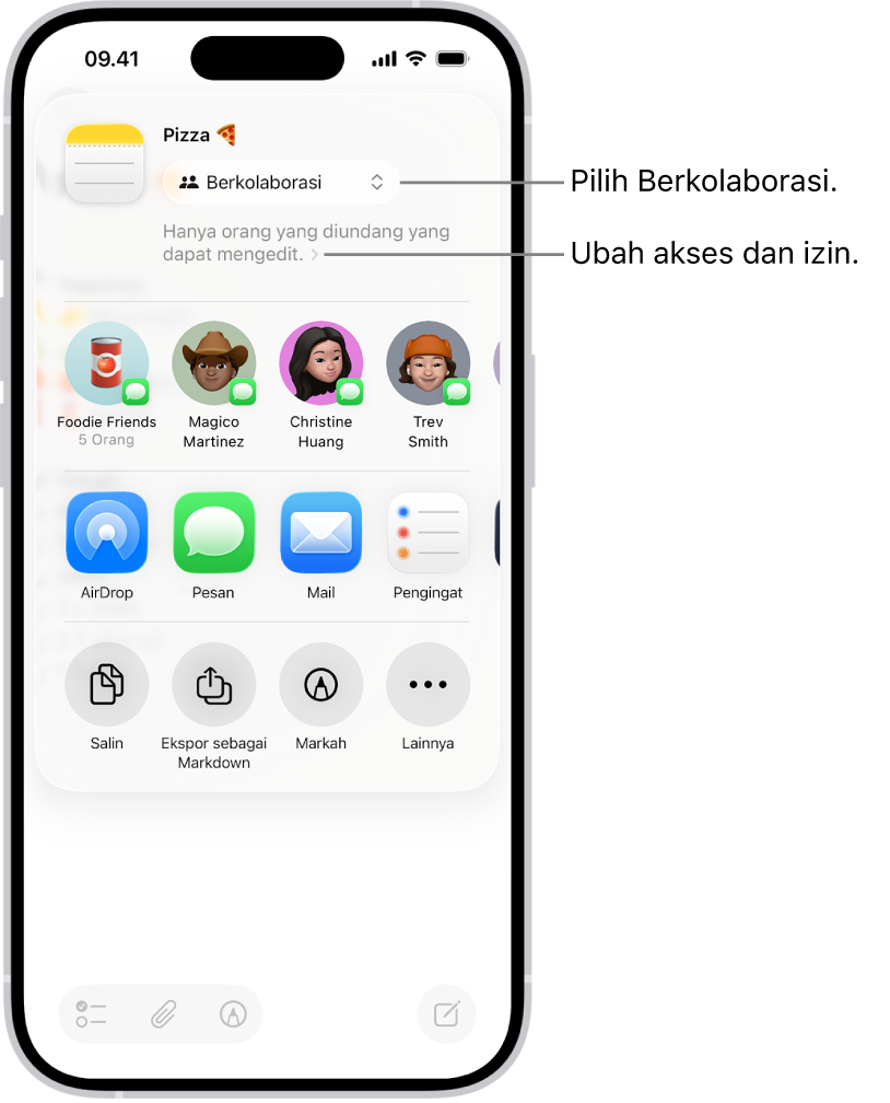 Undangan kolaborasi ke resep di Catatan, menampilkan Kolaborasi untuk pilihan berbagi dan “Hanya yang diundang yang dapat mengedit” sebagai akses dan pengaturan izin. Empat kemungkinan penerima, termasuk grup, membuat baris di bawahnya. Baris berikutnya menawarkan cara berbeda untuk membagikan catatan: AirDrop, Pesan, Mail, dan Pengingat.