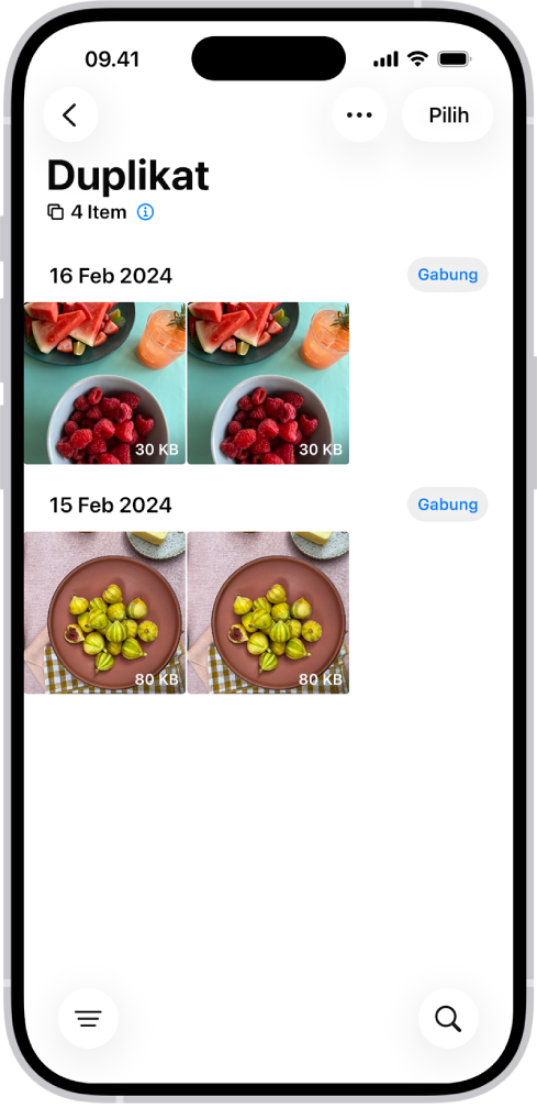 Layar Duplikat, menampilkan foto duplikat di samping satu sama lain. Di sisi kanan layar terdapat tombol Gabung untuk menggabungkan setiap pasang foto duplikat.