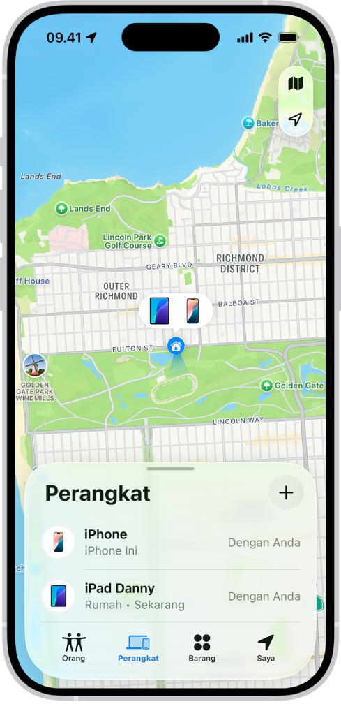 Layar Lacak menampilkan dua perangkat di rumah.