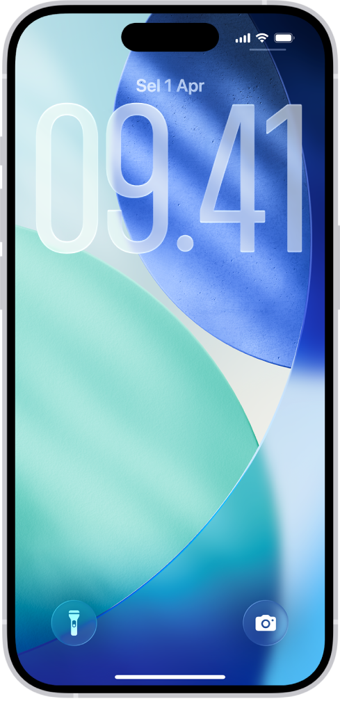 Layar Terkunci iPhone menampilkan waktu dan tanggal di dekat bagian atas dan ikon untuk Senter dan Kamera di dekat bagian bawah.