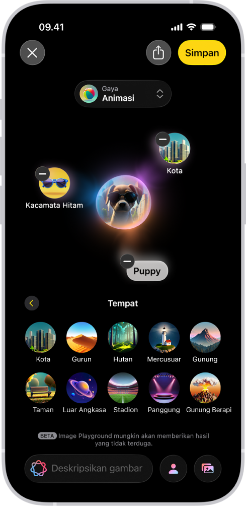 Jendela app Image Playground menampilkan gambar anjing yang memakai kacamata hitam.
