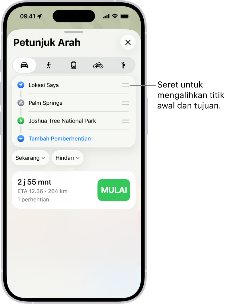 Peta dengan beberapa kemungkinan rute untuk petunjuk arah berkendara antara Lokasi Saya dan tujuan.