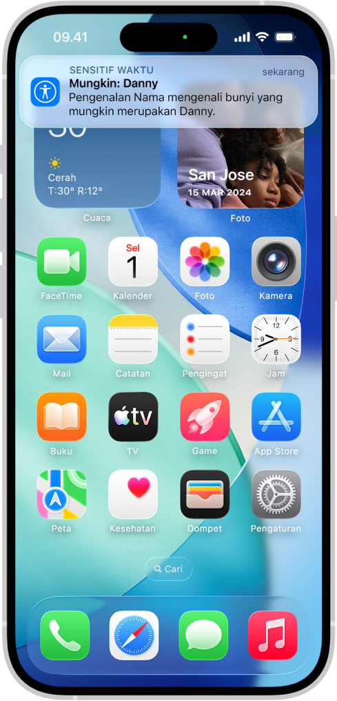 Pemberitahuan ditampilkan di iPhone bahwa Pengenalan Nama mengenali bunyi yang mungkin merupakan suatu nama.