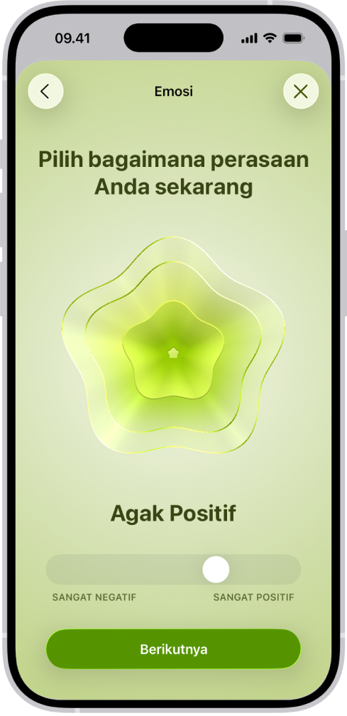 Layar di app Kesehatan mengidentifikasi suasana hati saat ini sebagai Agak Positif. Di bagian bawah layar terdapat penggeser untuk menyesuaikan level emosi.