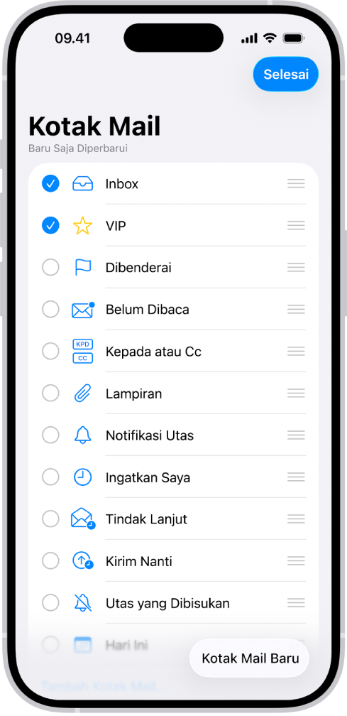 Layar pengeditan Kotak Mail. Kotak Mail opsional tercantum dari atas ke bawah dengan kotak centang di sebelah kiri setiap pilihan. Di pojok kanan bawah layar terdapat tombol berlabel Kotak Mail Baru.