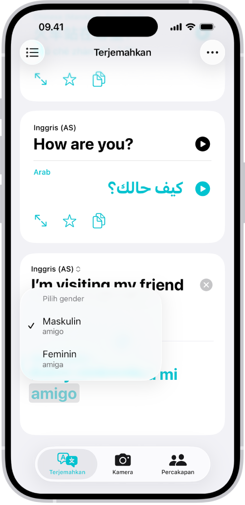 Tab Terjemahan, menampilkan frasa terjemahan dari bahasa Inggris ke bahasa Spanyol, dan kata yang disorot dengan warna abu-abu dengan variasi gender yang berbeda tercantum di bawahnya.