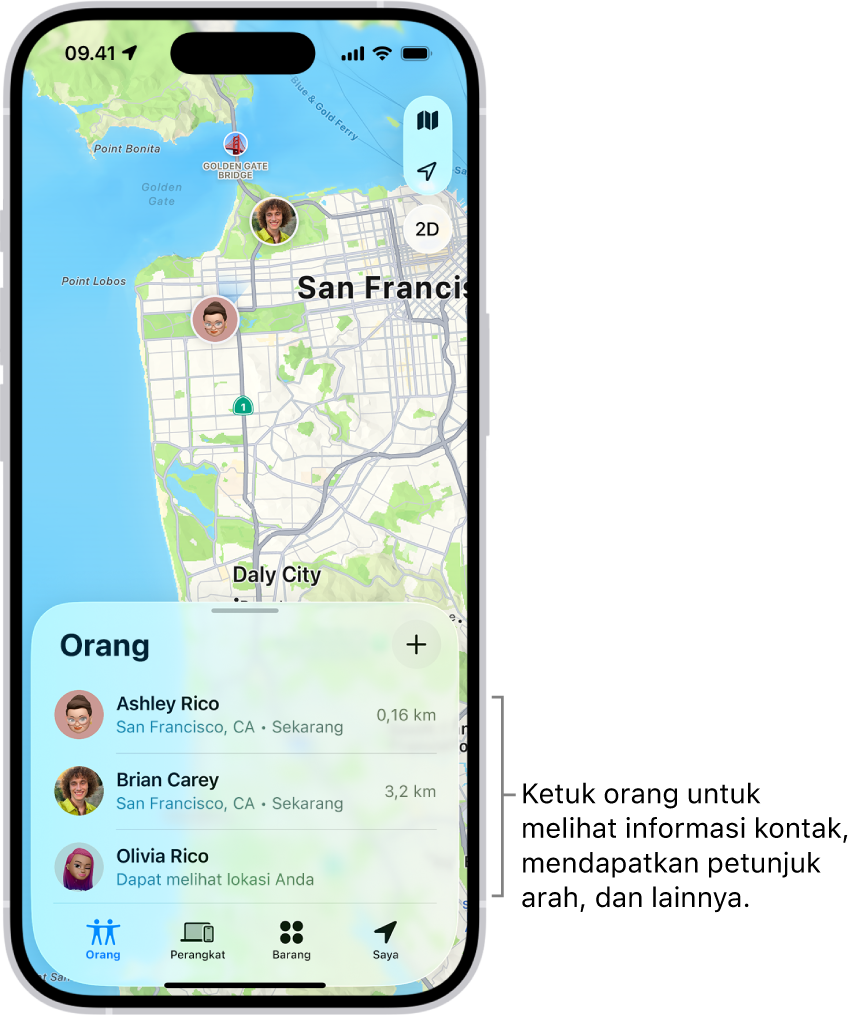 Layar Lacak dibuka ke daftar Orang. Terdapat empat orang di daftar: Nia Siregar, Intan Purnama, Anggun Siregar, dan Sagala Siregar. Ketuk tombol Tambah di bagian atas daftar Orang untuk membagikan lokasi Anda.