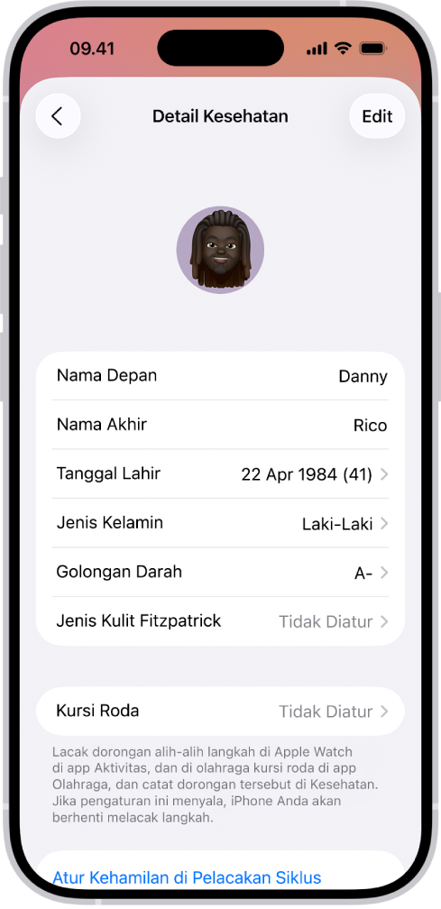 Layar Detail Kesehatan, yang menyertakan bidang nama, tanggal lahir, golongan darah, dan informasi lainnya.