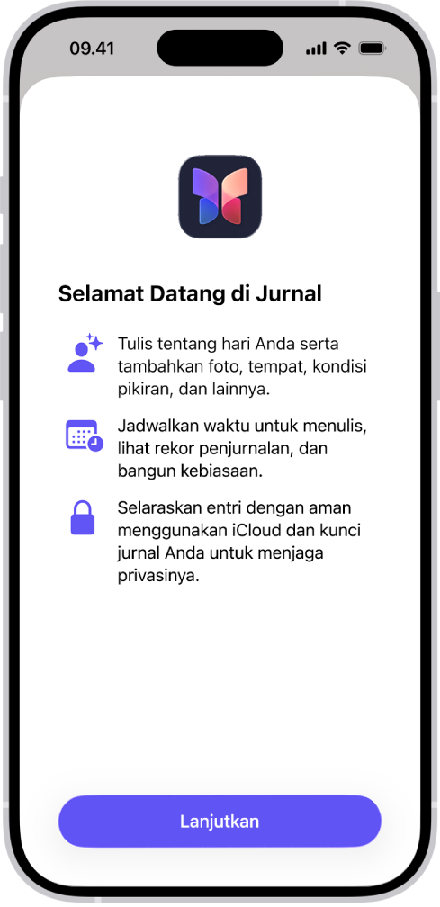 Layar selamat datang untuk app Jurnal.
