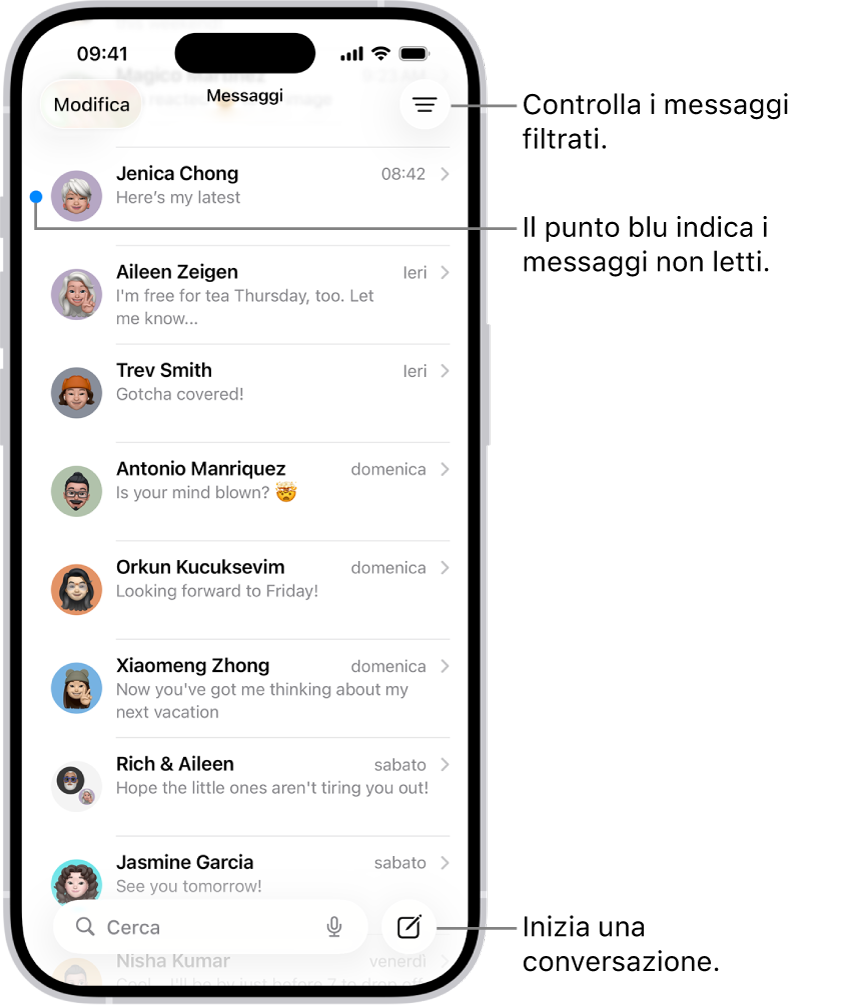 L’elenco delle conversazioni di Messaggi, con il pulsante Scrivi in basso a destra. Un pallino blu a sinistra del messaggio indica che non è stato letto.