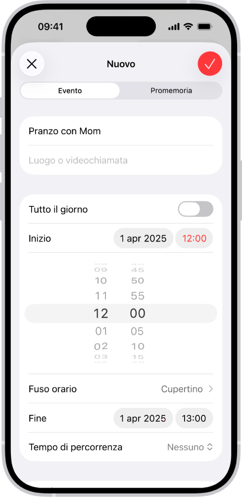 Un evento di calendario che mostra le impostazioni per selezionare l’orario e il fuso orario di un evento.