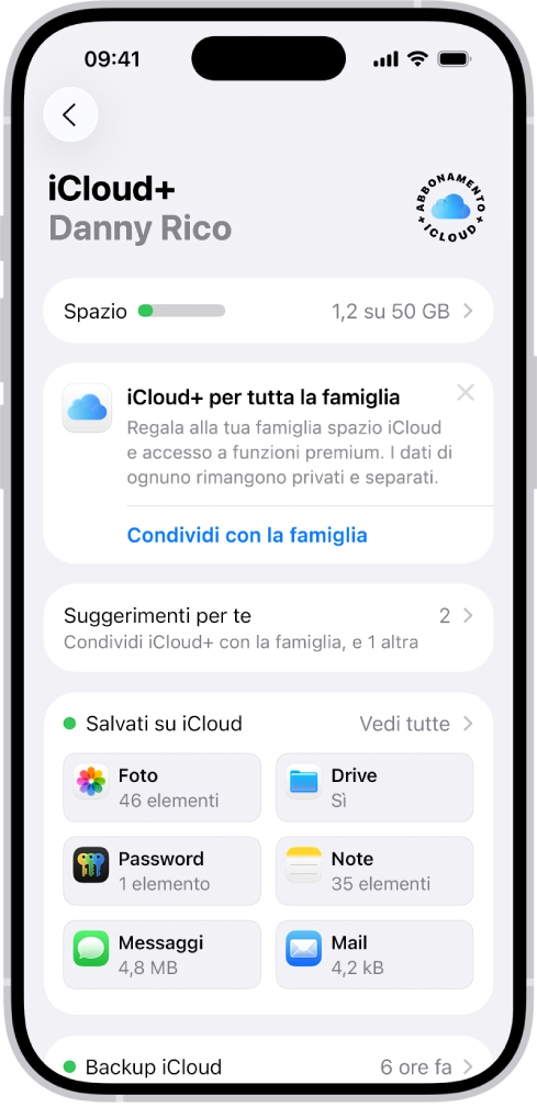 La schermata delle impostazioni di iCloud che mostra la barra dello spazio di archiviazione disponibile e un elenco di funzionalità, tra cui Foto, iCloud Drive e “Backup iCloud”, che possono essere utilizzate con iCloud.