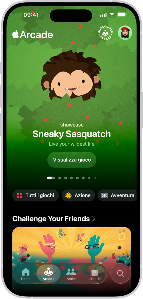 L’app Apple Games che mostra il pannello Arcade, che presenta un’illustrazione promozionale per un gioco in evidenza. Nella parte inferiore dello schermo sono presenti i pannelli Home, Arcade, Amici, Libreria e Cerca. Il pannello Arcade è selezionato.