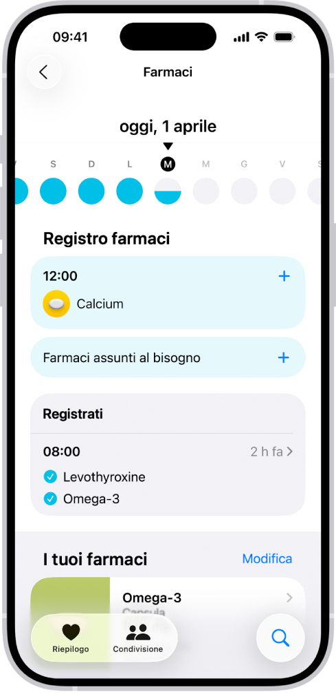 La schermata Farmaci in Salute che mostra la data e la registrazione per i farmaci.