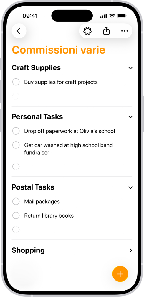 Un elenco nell’app Promemoria che mostra i promemoria categorizzati automaticamente in sezioni.
