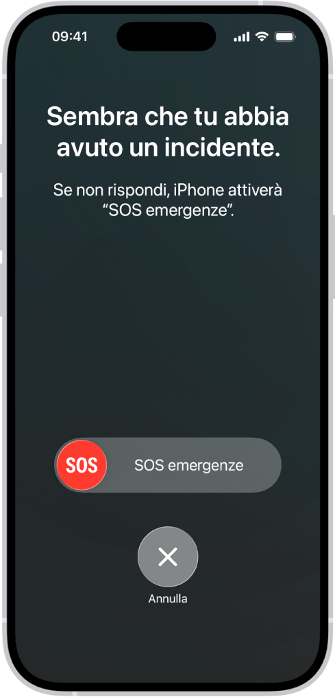 La schermata della funzionalità di rilevamento degli incidenti che mostra una notifica su cui viene indicato che l’utente è rimasto coinvolto in un incidente. Sotto, sono presenti il cursore per effettuare una chiamata di emergenza ai soccorsi e il pulsante Annulla.