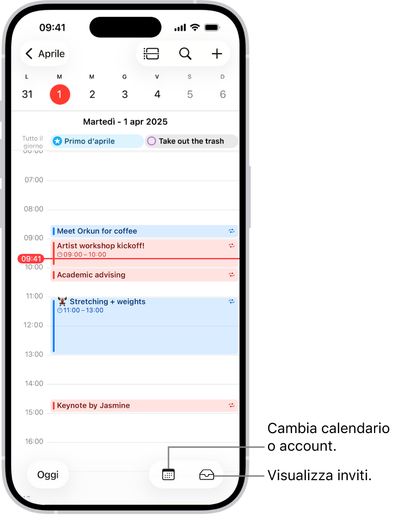 Un calendario nella vista Giorno che mostra gli eventi programmati. Il pulsante Calendari si trova in basso al centro dello schermo, mentre il pulsante “In entrata” è in basso a destra.