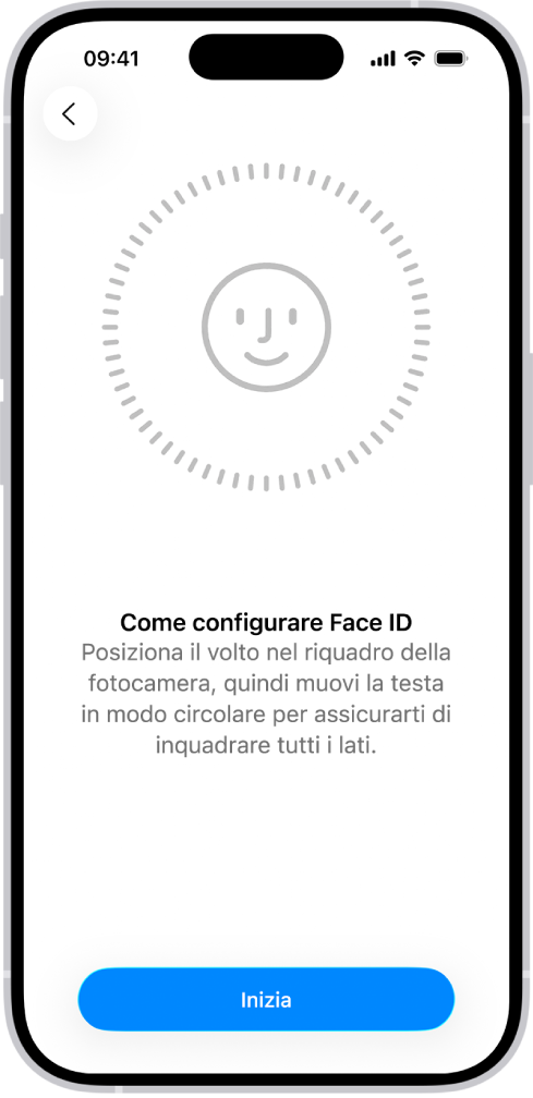 La schermata di configurazione del riconoscimento di Face ID. Sullo schermo è visibile un volto, circondato da un cerchio. Il testo sotto di esso indica all’utente di muovere la testa lentamente per completare un cerchio.