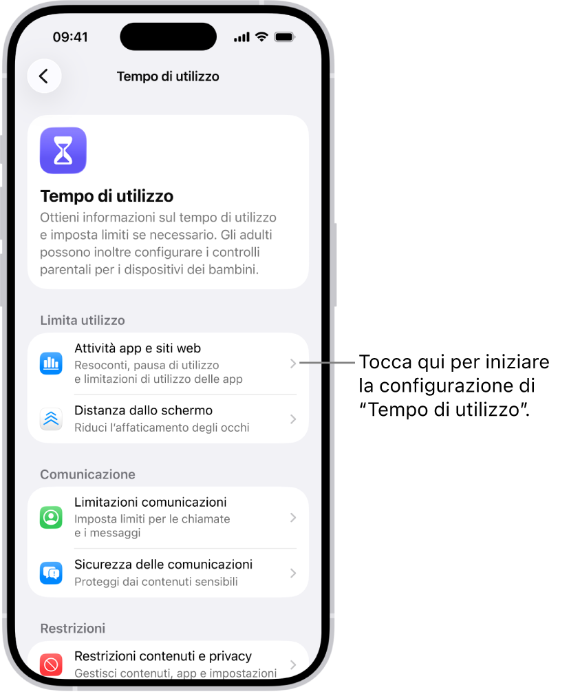 La schermata di configurazione di “Tempo di utilizzo”, con l’opzione “Attività app e siti web” per iniziare.