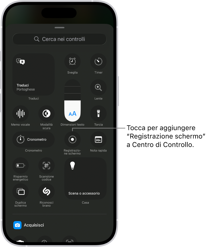 Una schermata che mostra i controlli che è possibile aggiungere a Centro di Controllo. Il controllo per la registrazione dello schermo è vicino al centro.