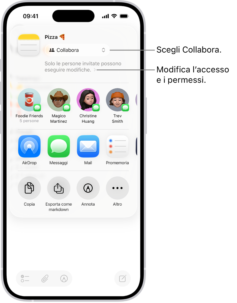 L’invito a collaborare a una ricetta in Note. L’opzione di condivisione è Collabora e l’impostazione di accesso e dei permessi è “Solo le persone che inviti possono modificare”. In una riga sottostante, sono presenti quattro possibili destinatari, tra cui un gruppo. La sezione successiva offre vari metodi per condividere la nota: AirDrop, Messaggi, Mail e Promemoria.