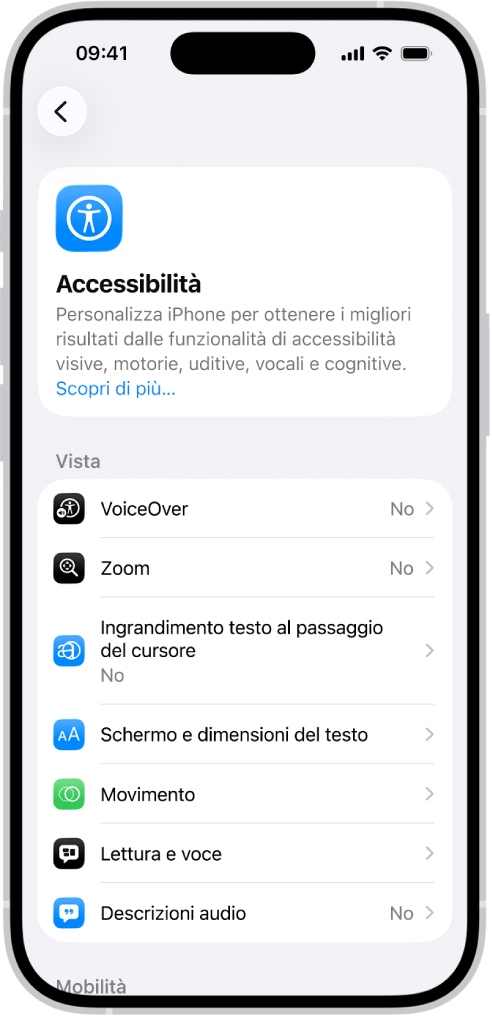 La schermata Accessibilità in Impostazioni che mostre le funzionalità integrate per la vista.