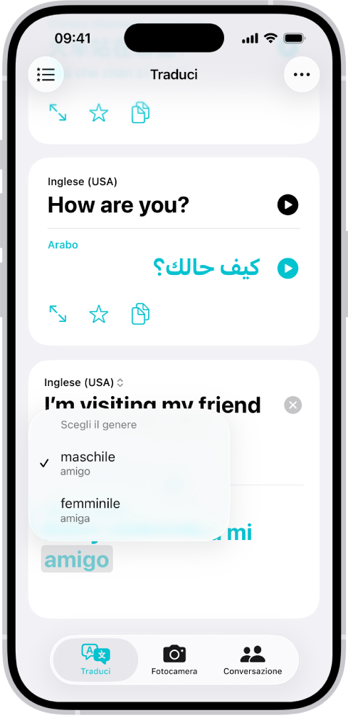 Il pannello di Traduci che mostra una frase tradotta dall’inglese allo spagnolo e una parola evidenziata in grigio con diverse varianti per il genere elencate sotto.