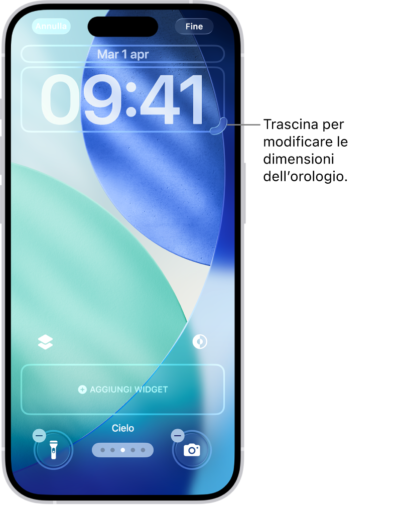 Una schermata di blocco personalizzata in fase di modifica. Gli elementi disponibili per personalizzarla, come la data, l’ora e il pulsante per aggiungere i widget, sono selezionati.