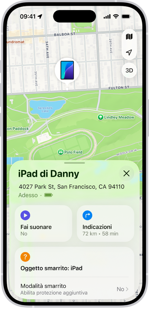 La schermata di Dov’è che mostra la posizione di un iPad su una mappa nella parte superiore dello schermo.