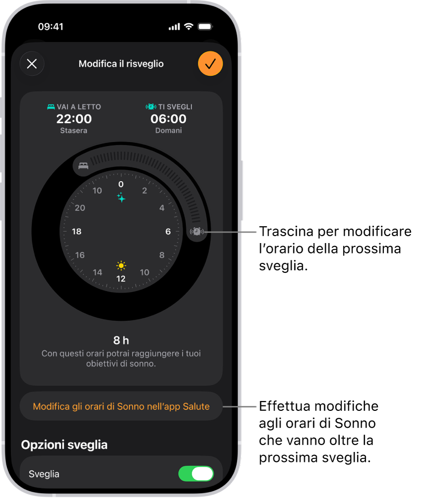 Una schermata per modificare la prossima sveglia. La posizione del pulsante della sveglia che suona imposta l’orario della sveglia.