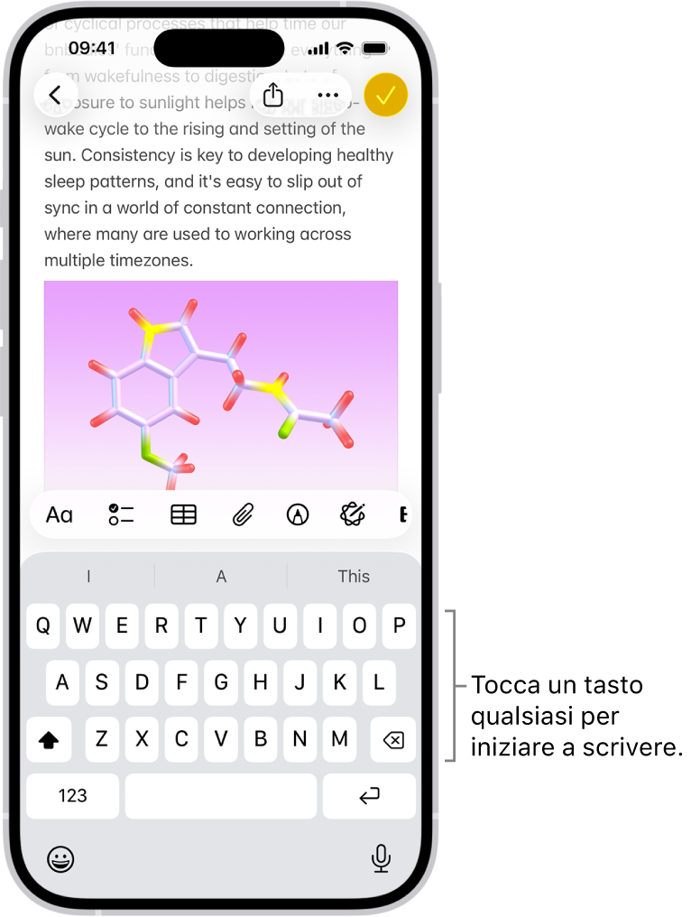 Nell’app Note è presente un documento aperto. Nella metà inferiore è presente la tastiera su schermo.