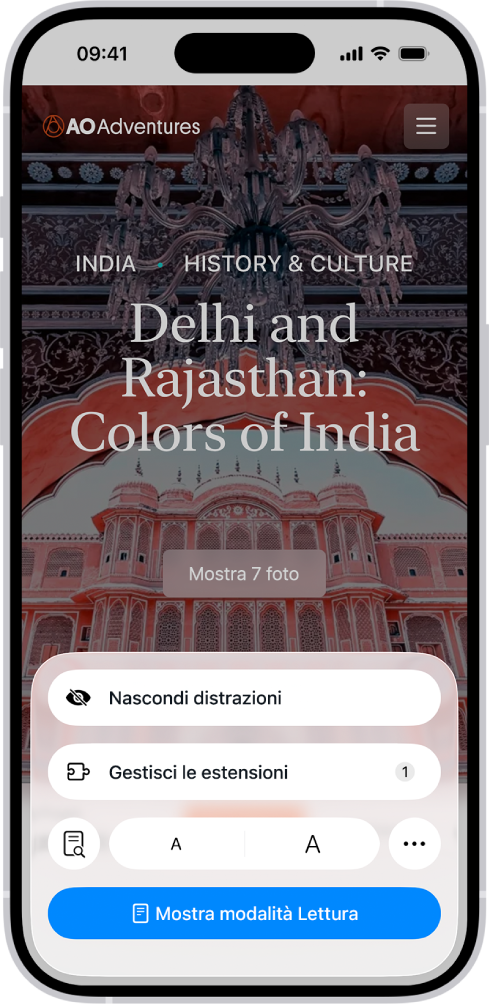 In Safari, il pulsante “Menu della pagina” che viene toccato, mostrando alcune opzioni tra cui anche “Gestisci estensioni” vicino alla parte inferiore dello schermo.