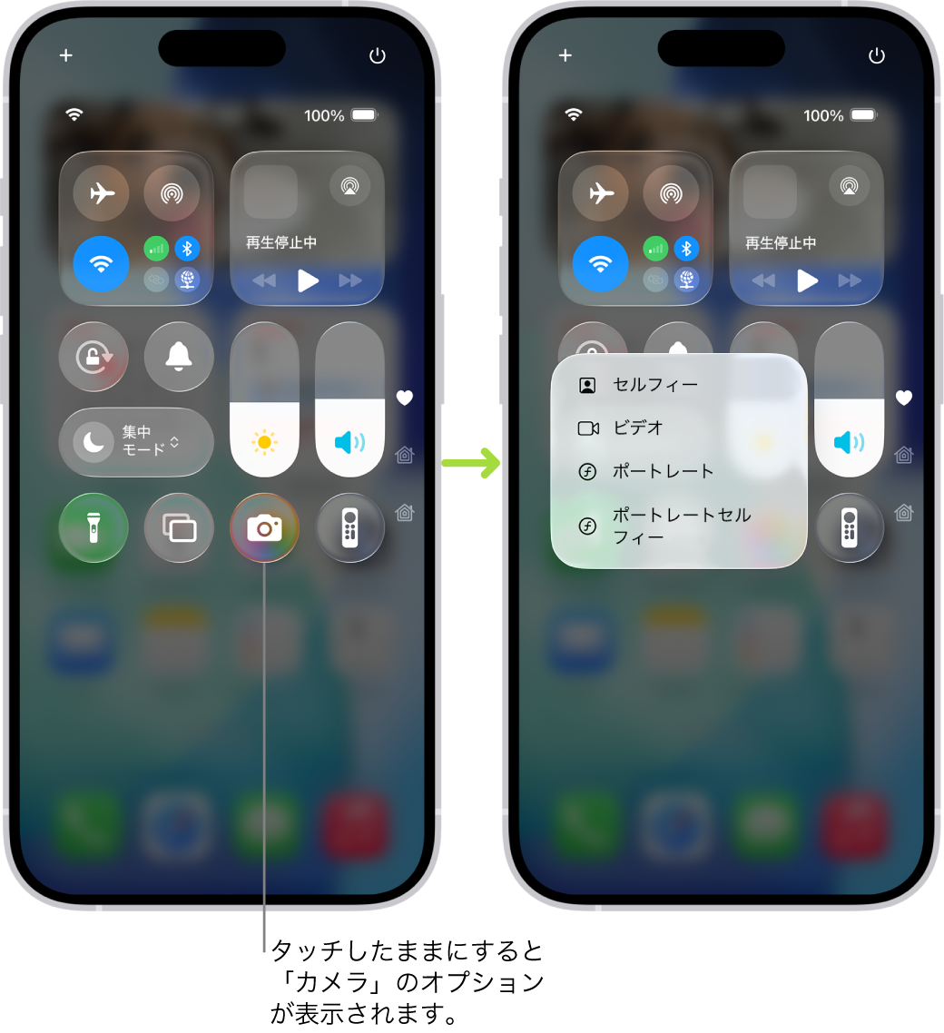 2つのコントロールセンター画面が並んでいます。左の画面では、左上のグループに機内モード、モバイルデータ通信、Wi-Fi、およびBluetoothのコントロールが表示されています。右下には「カメラ」アイコンが表示されています。右の画面には、「カメラ」のクイックアクションメニューの追加オプション(「セルフィー」、「ビデオ」、「ポートレート」および「ポートレートセルフィー」)が表示されています。