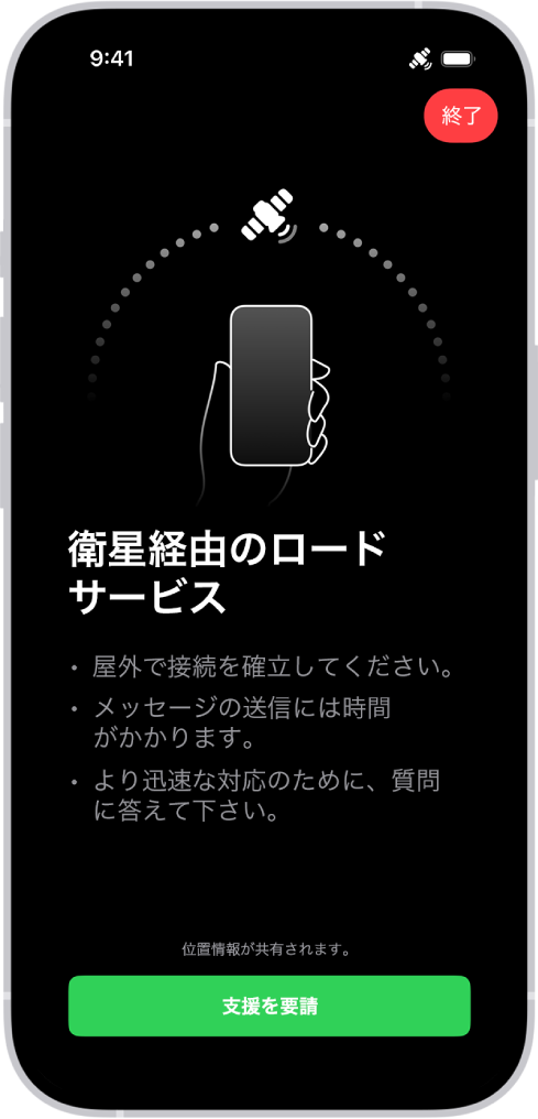 衛星経由のロードサービス画面。画面の下部には「支援を要請」ボタンがあります。