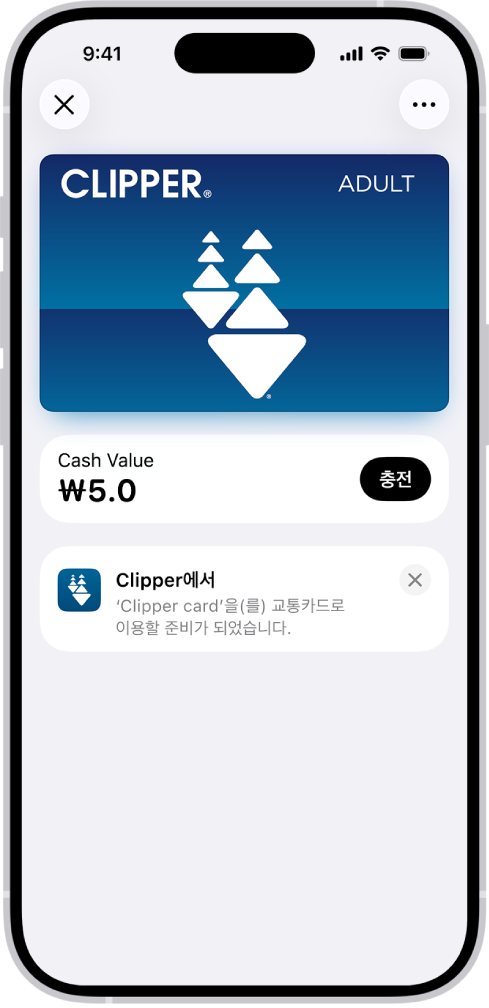 지갑 앱의 교통카드. 카드 아래에 잔액이 있으며, 옆에 충전 버튼이 있음.