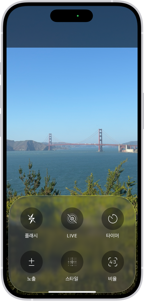 사진 모드의 카메라. 화면 하단에 플래시, Live, 타이머, 노출, 스타일, 비율 등의 카메라 제어 항목 버튼이 있음.