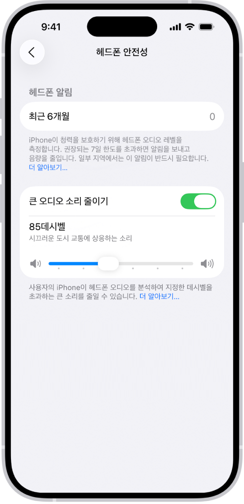 최근 6개월간의 헤드폰 알림 수, 큰 오디오 소리 줄이기 옵션, 최대 데시벨을 변경하는 슬라이더 및 85데시벨로 선택된 데시벨 제한을 표시하는 헤드폰 안전성 화면.