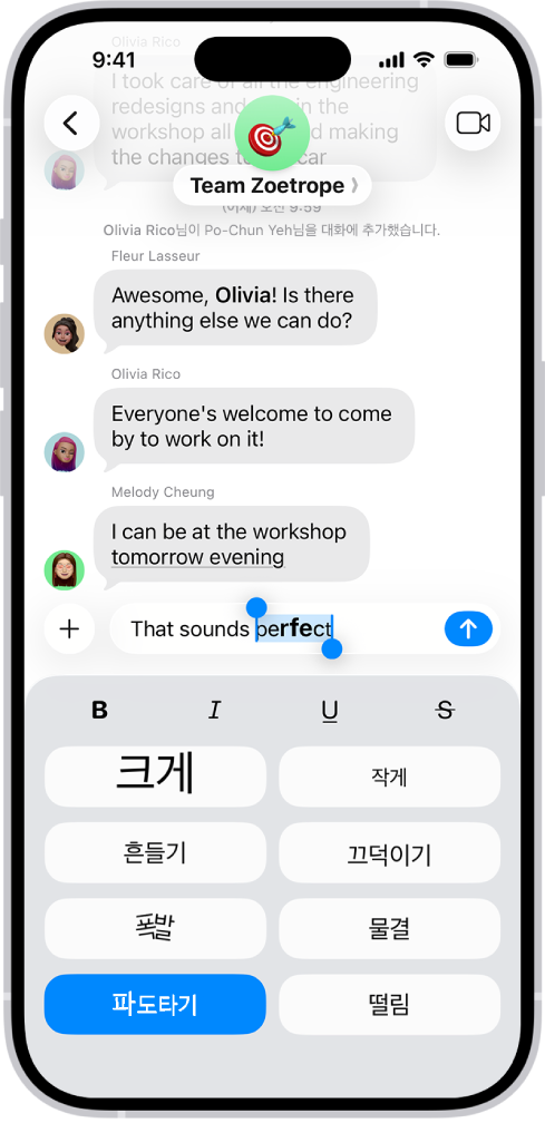 텍스트 필드에 새로운 메시지가 선택되고 그 아래에 포맷 및 효과 옵션이 표시된 메시지 대화. 선택된 텍스트는 효과의 미리보기와 함께 표시됨.