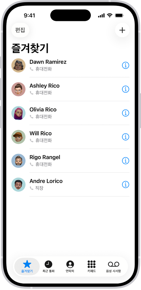 여섯 개의 연락처가 즐겨찾기로 등록되어 있는 연락처 앱의 즐겨찾기 화면.