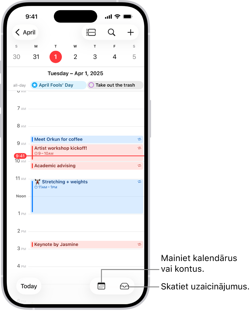 Kalendārs dienas skatā, kurā redzami dienas pasākumi. Poga Calendars atrodas ekrāna apakšdaļas centrā, bet poga Inbox apakšējā daļā pa labi.