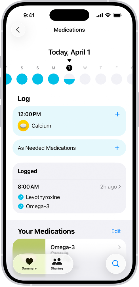 Lietotnes Health ekrāns Medications, kurā redzams datums un zāļu reģistrs.