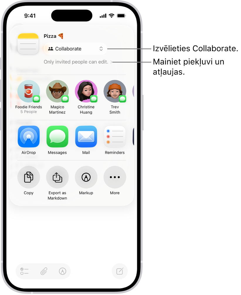 Sadarbības uzaicinājums uz recepti lietotnē Notes, kurā redzama kopīgošanas opcija Collaborate un “Only people you invite can edit” kā piekļuves un atļaujas iestatījums. Zem tā rindu veido četri iespējamie saņēmēji, tostarp grupa. Nākamajā rindā ir dažādi veidi, kā kopīgot piezīmi: AirDrop, Messages, Mail un Reminders.