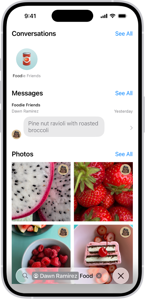 Meklēšanas rezultāti lietotnē Messages. Meklēšanas laukā ir birka, kas ierobežo meklēšanu, meklējot tikai vienas personas nosūtītos ziņojumus.