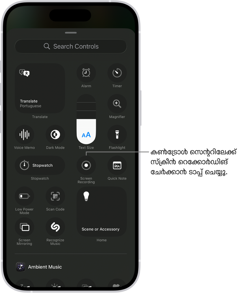 കൺട്രോൾ സെന്ററിലേക്ക് ചേർക്കാൻ കഴിയുന്ന കൺട്രോളുകൾ കാണിക്കുന്ന ഒരു സ്ക്രീൻ. സെന്ററിനടുത്തായി സ്ക്രീൻ റെക്കോർഡിങ് കൺട്രോൾ.